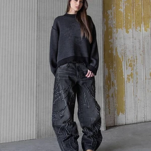 Große Jeans für Männer, Hip -Hop, Distressed, Retro, schwarze Hosen, große Abmessungen, Stickerei, Harajuku, Gothic, Wide Leghose, Streetwear, Y2K 6 Hauptverkaufsweste Frauensticke Jeans - №4