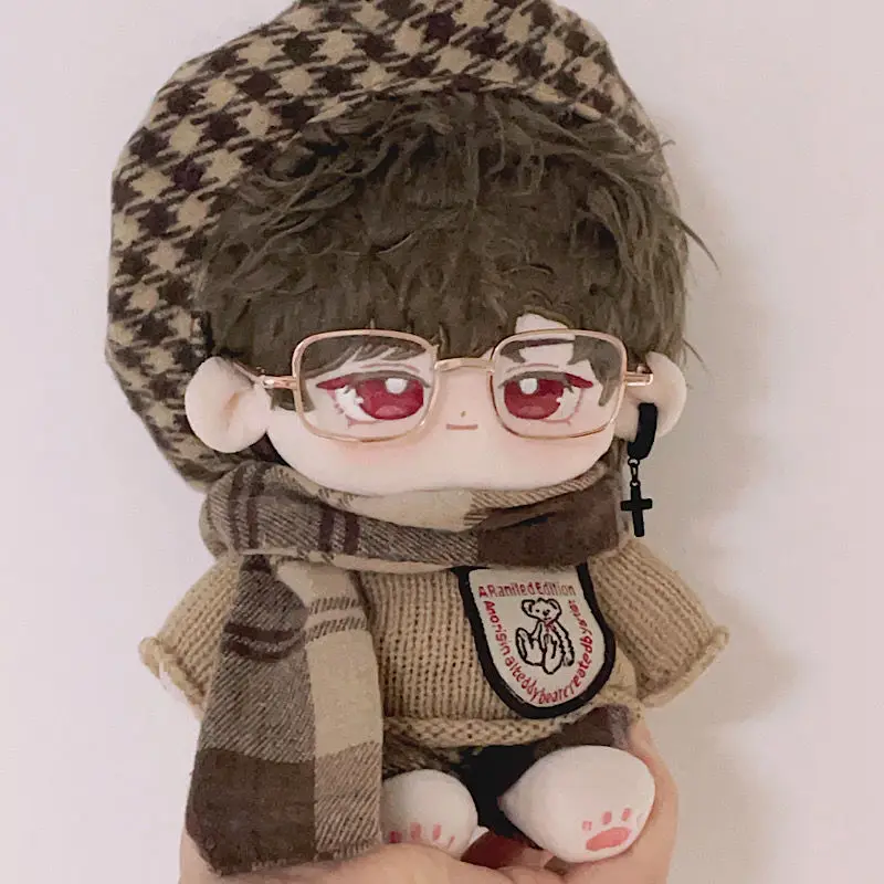 20 cm Babykleidung, brauner Pullover, karierter Schal, Set, Brille, Baumwolle, Babykleidung