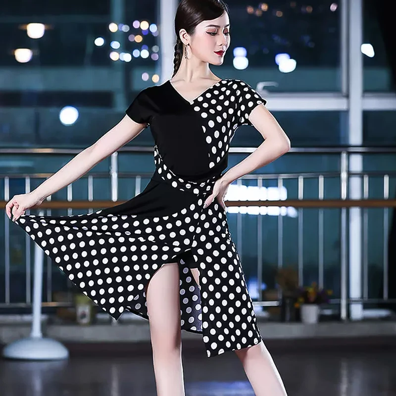 Latin Dance Clothing Womens dresses Adult Summer Polka-dot Patchwork Dress V-neck Sexy Performance Dance Wear Training Dress