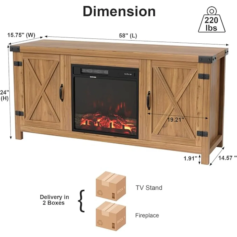 TV Stand for Up to 65 Inches TVs, Farmhouse Entertainment Center with Grooved Barn Doors, Rustic Media Console