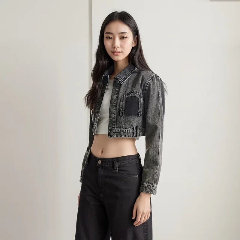 

Женская джинсовая куртка, осенняя коллекция, утягивающий гладкий миниатюрный топ, укороченный плечевой ремень, свободная повседневная одежда