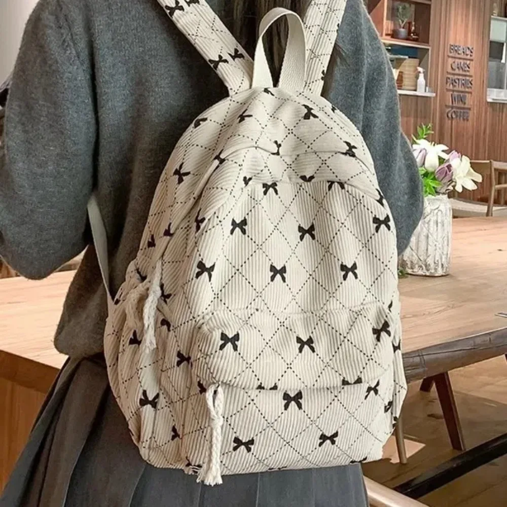 

Fashion Bowknot Printed Women's Backpack Corduroy Large Capacity Book Bags Travel Rucksack Students