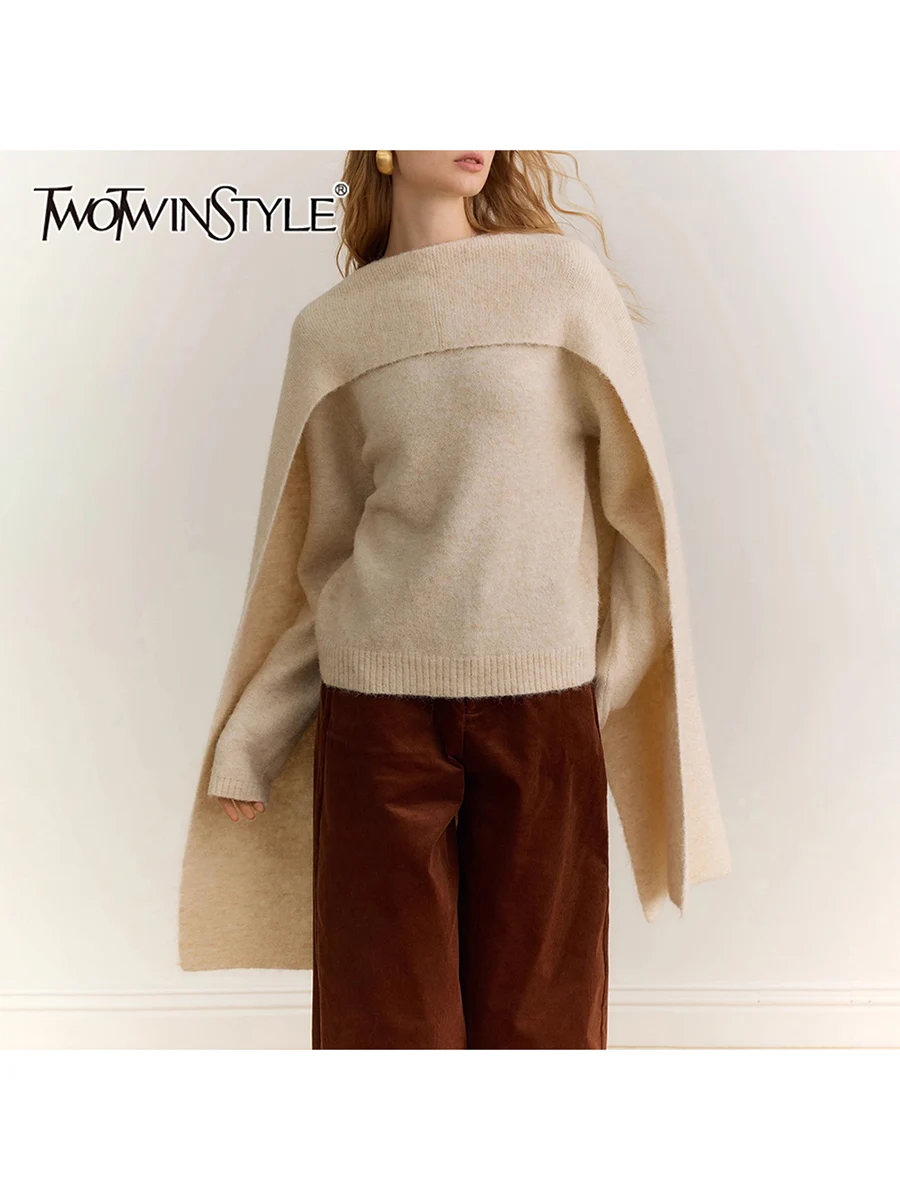 

TWOTWINSTYLE Solid Loose Spliced Shawl Casual Sweaters for Women Round Neck Long Sleeves Design Sense Sweater Female Autumn New