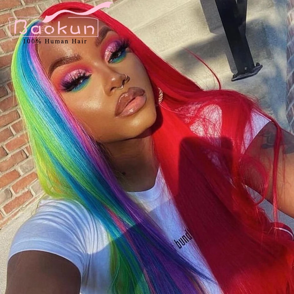 Rainbow Color 13x4 Straight Lace Front Wigs Human Hair Red Green Blue Purple Highlight Wig Transparent 13x6 HD Lace Frontal Wig