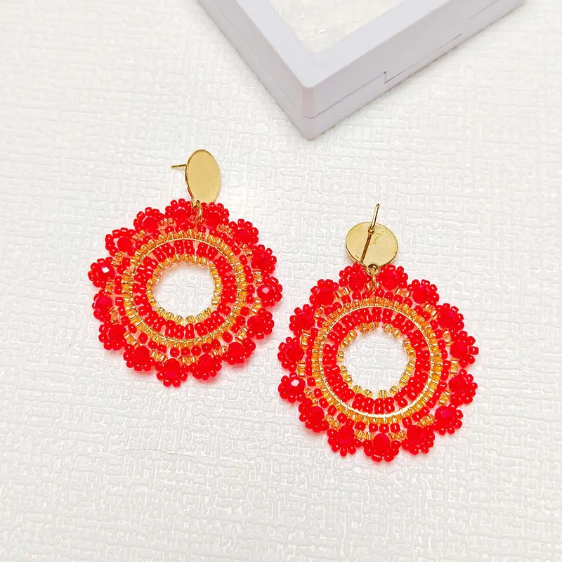 Rice bead earrings Roundness Originality Sunflower Lace Red Bohemia Crystal Hand knitting Alloy Fashion Simple Beaded earrings