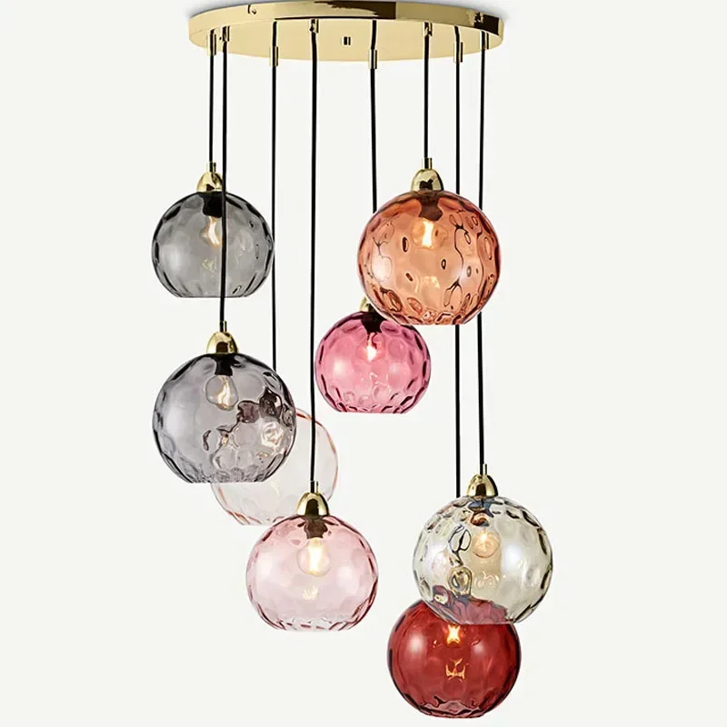 Nordic Colored Glass Ball Lustre Pendant Lights Nordic Water Grain Restaurant Kitchen Hanging Light Fixture Bedroom Bedside Lamp