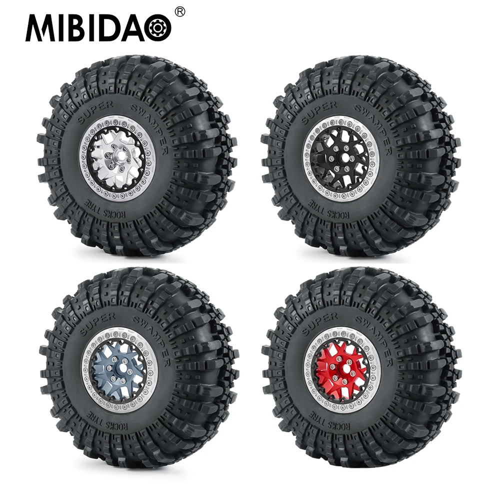 

MIBIDAO 4Pcs 2.2 inch Beadlock Metal Wheel Rims Rings + Rubber Tires Set for Axial Wraith RBX10 TRX-4 1/10 RC Car Upgrade Parts