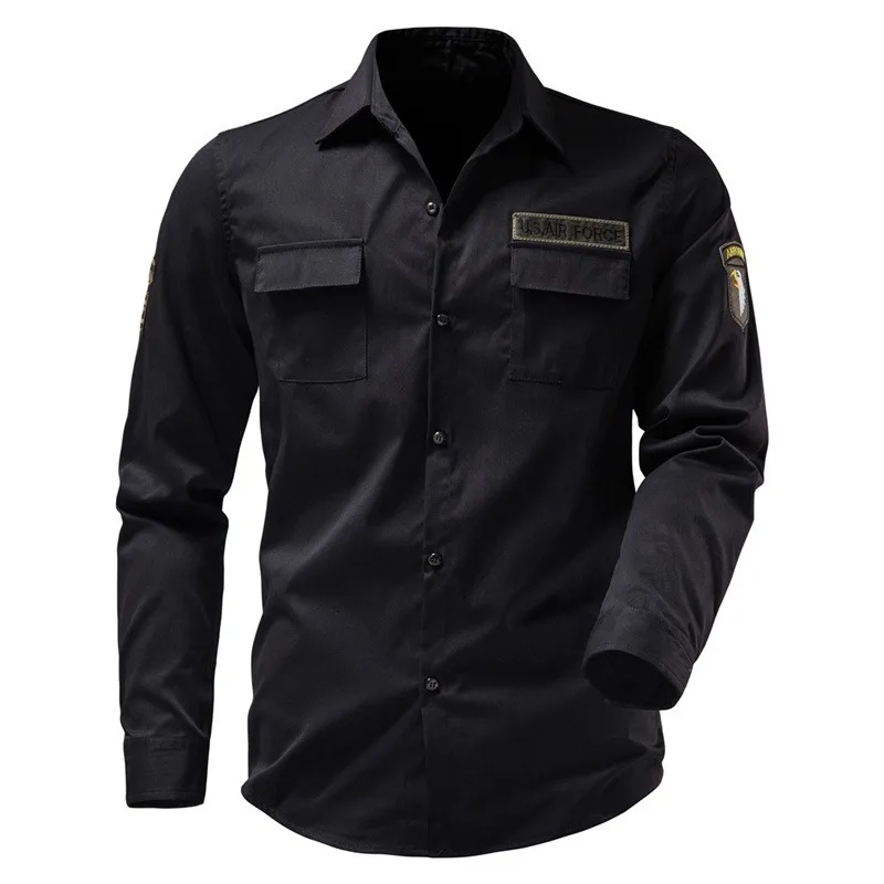 4 Colors!Autumn New Men\'s Shirts Multi Pocket Arm Badge Embroidery Design Long Sleeve Polo Neck Military Style Shirt