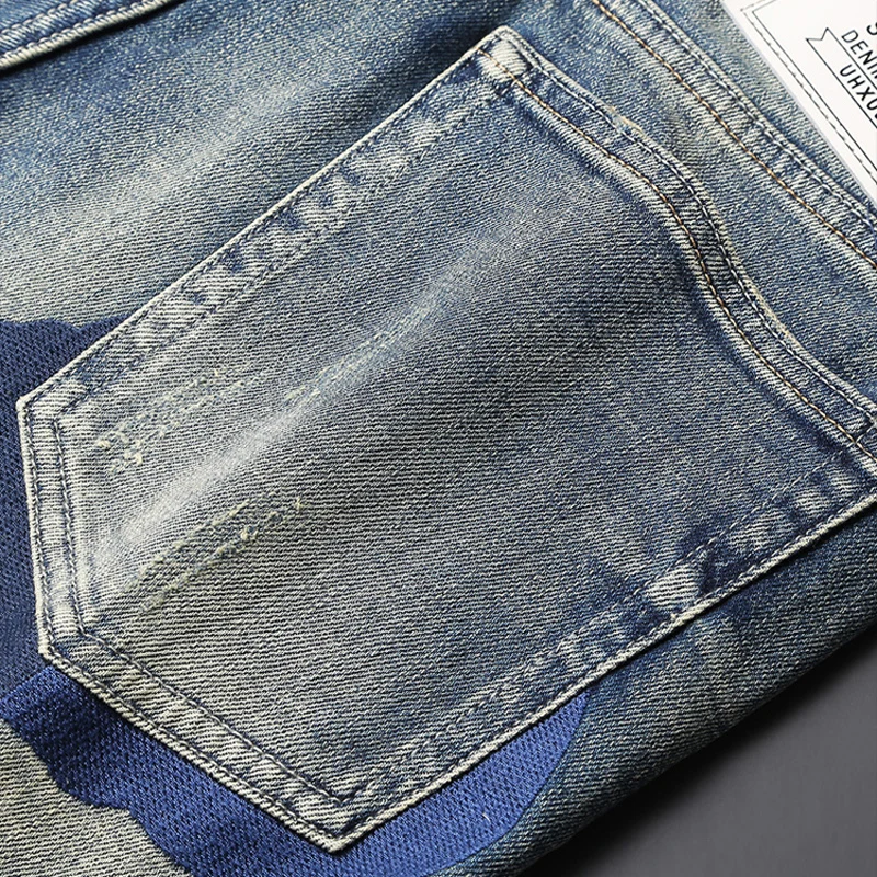 Summer Trendy Fashion Men Jeans Embroidery Patched Designer Elastic Ripped Short Jeans Retro Washed Hip Hop Denim Shorts Men