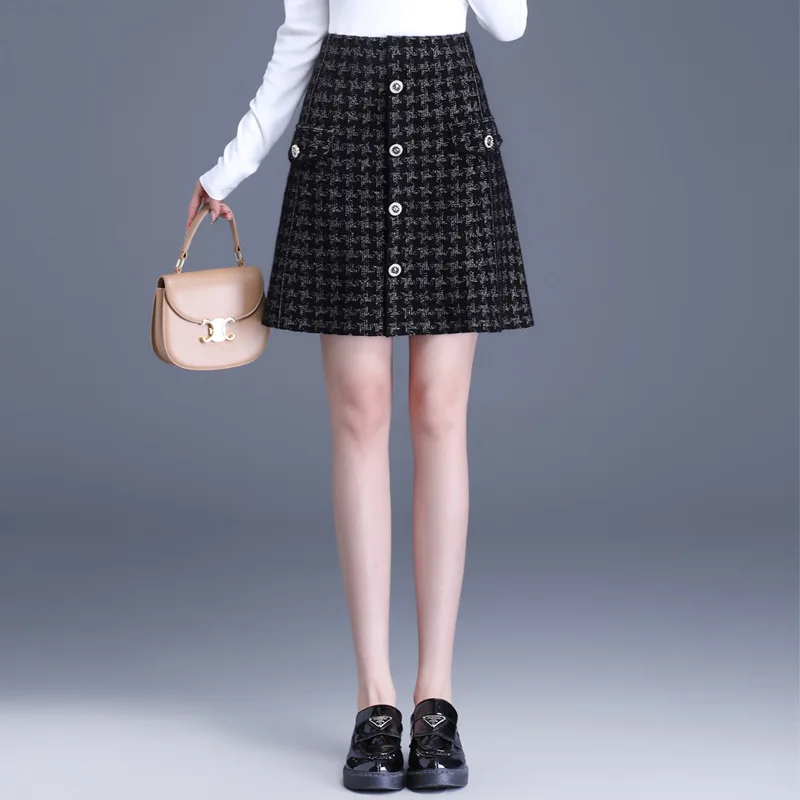 

Autumn Winter Knitting Wool Short Plaid Skirt for Women Vintage Elegant Chic High Waisted Slim Casual A-line Mini Skirts 519L