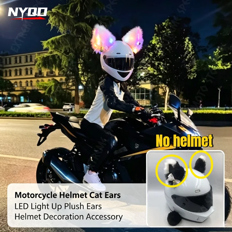 1Pair Lovely Cartoon Cat Ears Helmet Decoration with LED Light Luminous Flash Strip Detachable Motorcycle Helmet Accessories