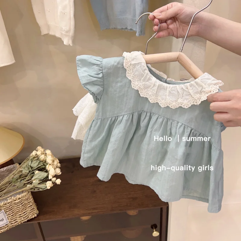 Children's Summer Suit2024Summer New Girls' Flounced Sleeve Baby Shirt Top Hollow-out Culottes Two-Piece Set