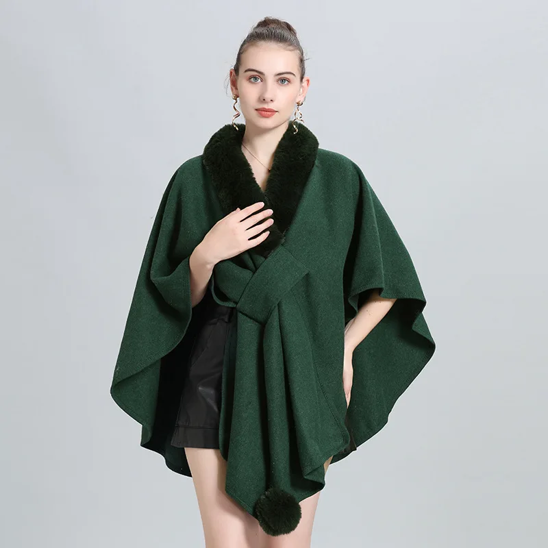 Solid Irregular Women's Capes Elegant Splicing Hairy Collar Knitting Cloak Mid Long Scarf Jacket Autumn Winter Thick Warm Shawls