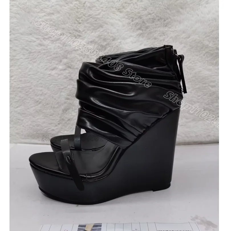 

Red Pleated Open Toe Sandal Boots Back Zipper Wedges Heels Patent Leather British Style Summer Women Shoes Zapatos Para Mujere