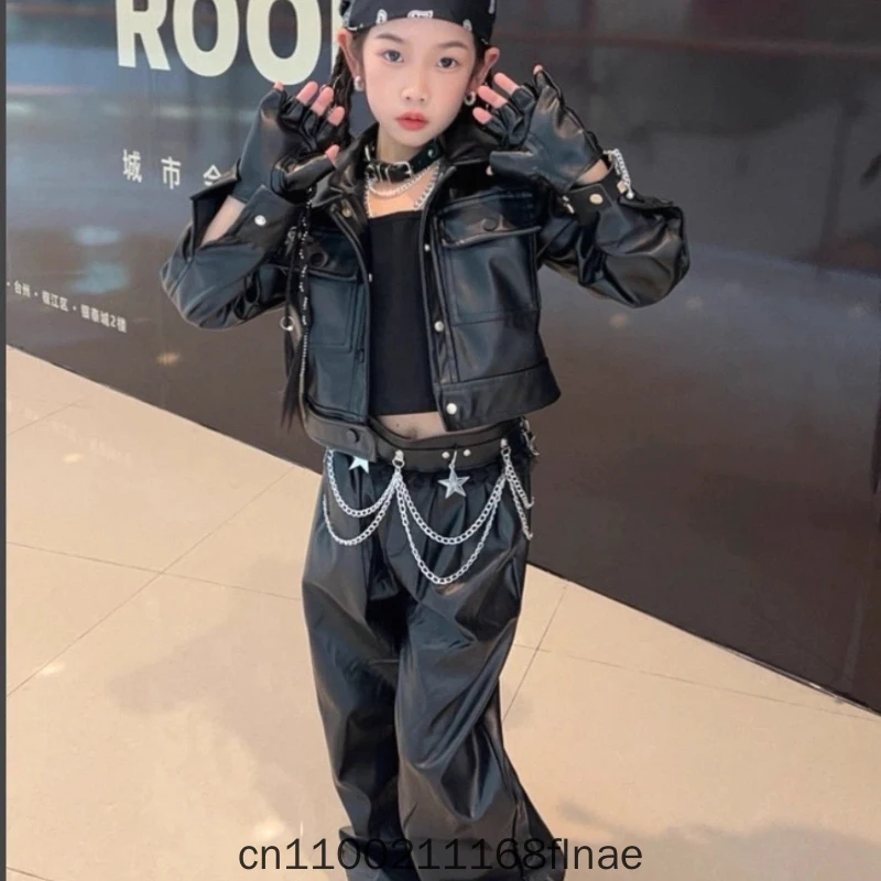 children's-jazz-dance-costume-cool-and-handsome-girl-black-motorcycle-style-leather-jacket-and-pants-set-streetdance-performance