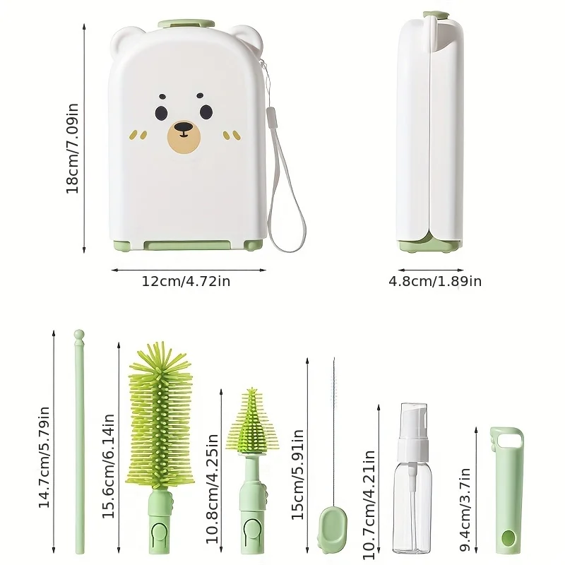 مجموعة فرش زجاجات الأطفال للسفر - فرش تنظيف آمنة من السيليكون لحديثي الولادة مع صندوق تخزين للزجاجات والحلمات والإكسسوارات