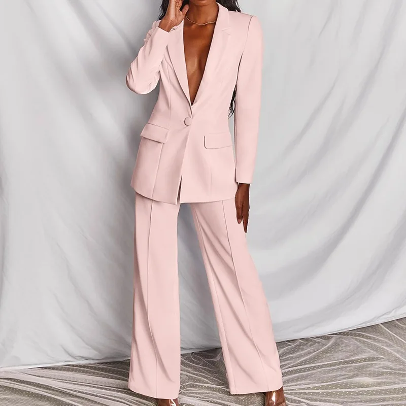 Spring Noted Button Long Sleeve Blazer Coats& Wide Leg Loose Business Blazer Pants Suits Women Loose Blazer Sets 2 Pieces Sale