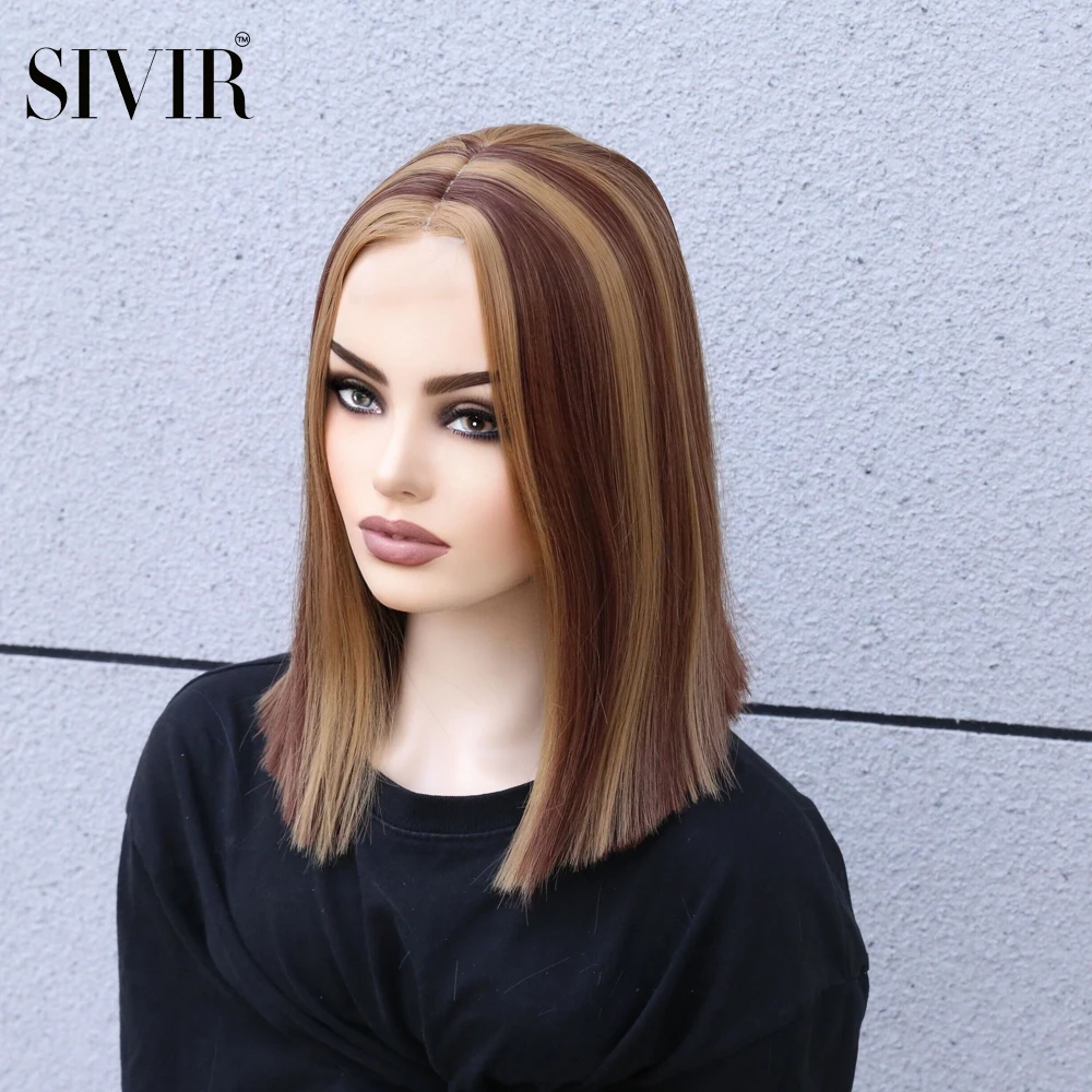 Sivir  Short  Straight Synthetic Lace Wigs For  Women  Middle Parting    Mix Color Hair  High Temperature Fiber  Daily/Party