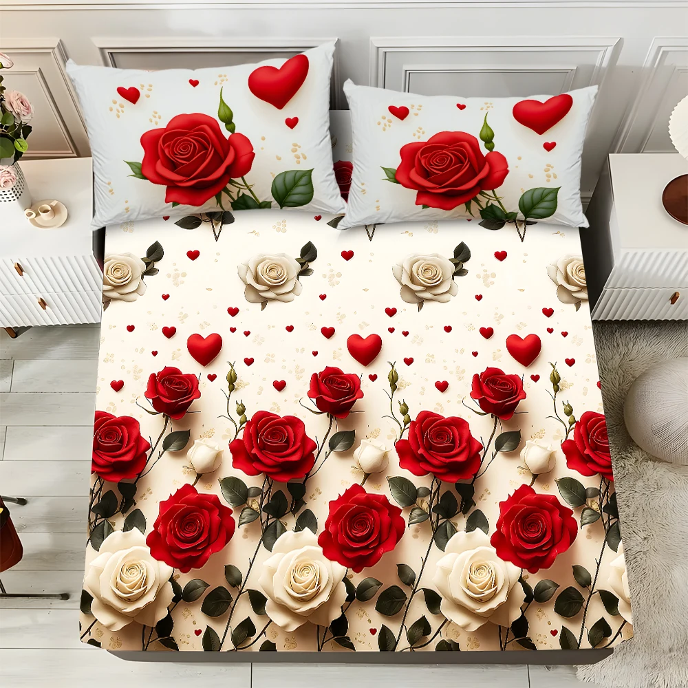 3Piece Bed Sheet Set White&Rose Flower Printing 1 Fitted Sheet 2 Pillowcases Soft Comfort Micro... product image