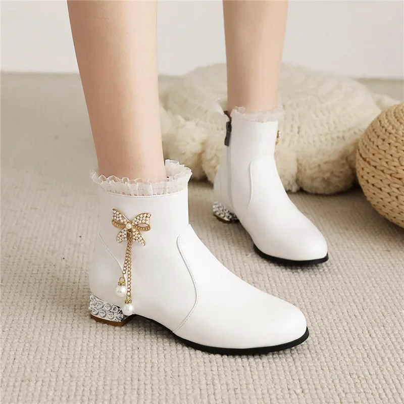 

YQBTDL/2022, осенне-зимние женские ботильоны в стиле Лолиты с оборками и бантом, жемчужная боковая молния, розовые женские туфли принцессы Botas