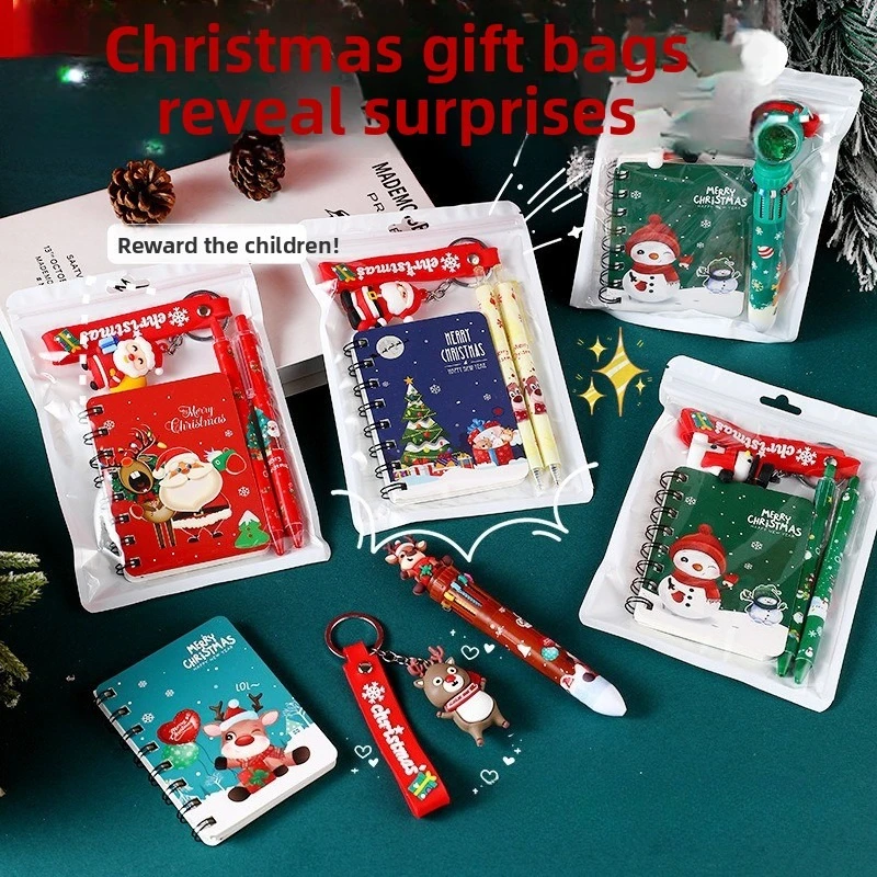 1-10Bags Christmas Stationery Set Notebook Gel Pen Keychain Gift Set for Students Exam Rewards Christmas Gifts School Supplies