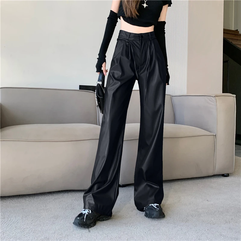 

Autumn Winter Women Leather Pants Solid Color High Waist Velet Female Straight Pants Korean Casual Thermal Wide Leg Trousers