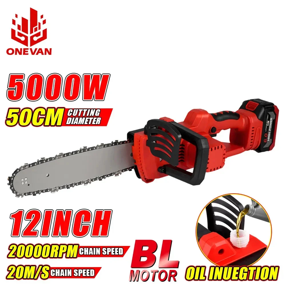 ONEVAN 12 Inch Brushless Electric Chain Saw 5000W Cordless Battery Chain Saw Portable Woodworking Tool For Makita 18V Battery