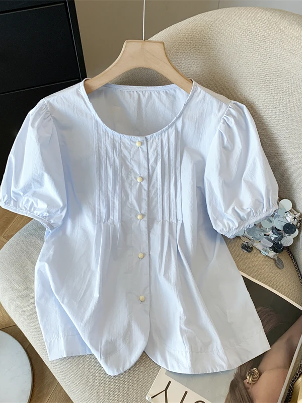 

Retro Accordion Pleated Bubble Sve irt Women Summer Design round Ne ort Sve irt Small ort Top Korean Sle