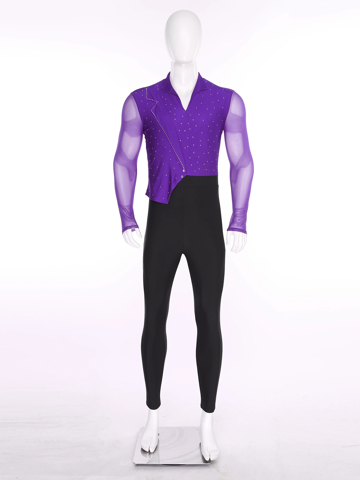 Costume da ballo latino da uomo Costume da spettacolo Uomo Danza Pattinaggio artistico Tuta Maglia attillata Maniche lunghe Ginnastica Unitards