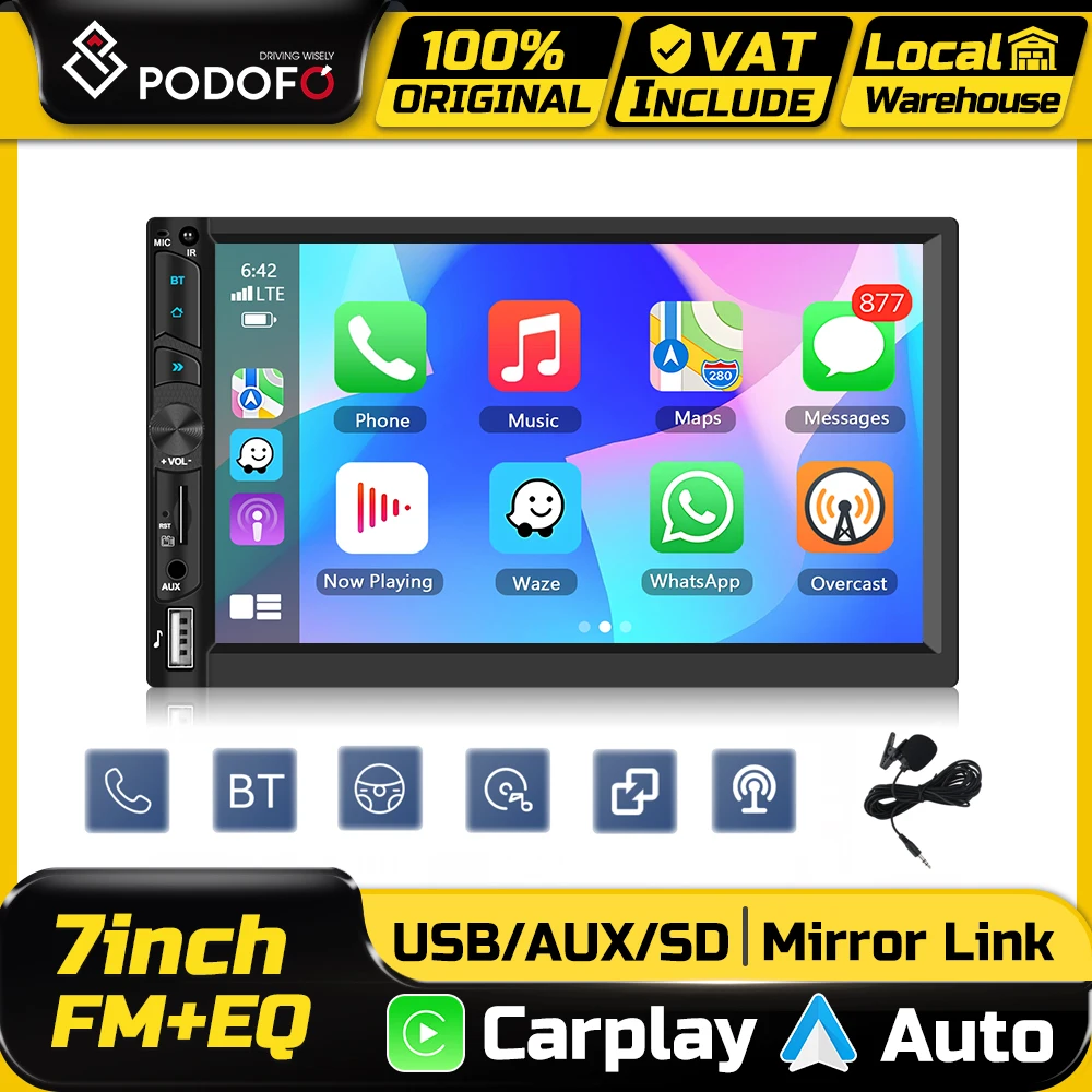Podofo 2 Din Autoradio Multimedia MP5 Player Kabelloses CarPlay Android Auto Intelligente Fahrzeugsysteme Mirror Link BT EQ FM Radio Stereo YouTube