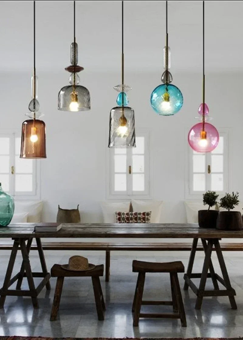 

Nordic LED Pendant Lamp Colorful Blue Grey Pink Glass Table Island Dining Room Kitchen Hanging Pendant Light Chandeliers Fixture