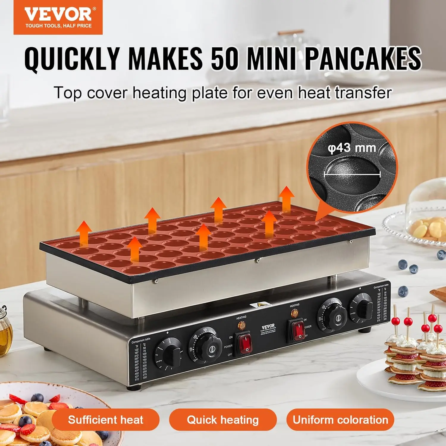 110V Mini Dutch Pancake Baker, 50PCS 1700W Commercial Electric Nonstick Waffle Maker Machine, 1.8 Inches Pancake Maker with 2 Th