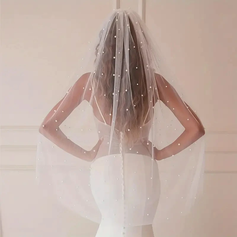 Romantic Pearl Beaded Bridal Veils with Comb One Layer Marriage Soft Tulle Faux Pearl Wedding Veil