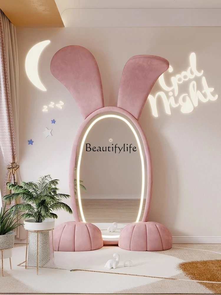 Big-eared rabbit mirror full-body floor fabric cartoon atmosphere theme hotel full-length mirror