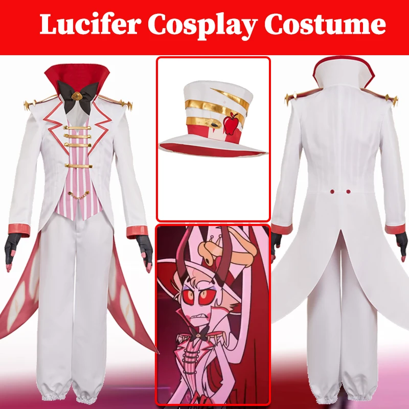 

Hazzbin TV Hell Inn Lucifer Cosplay White Devil Set Costume Men Disguise Hat Clothing Male Role Fantasia Outfits Halloween Suits