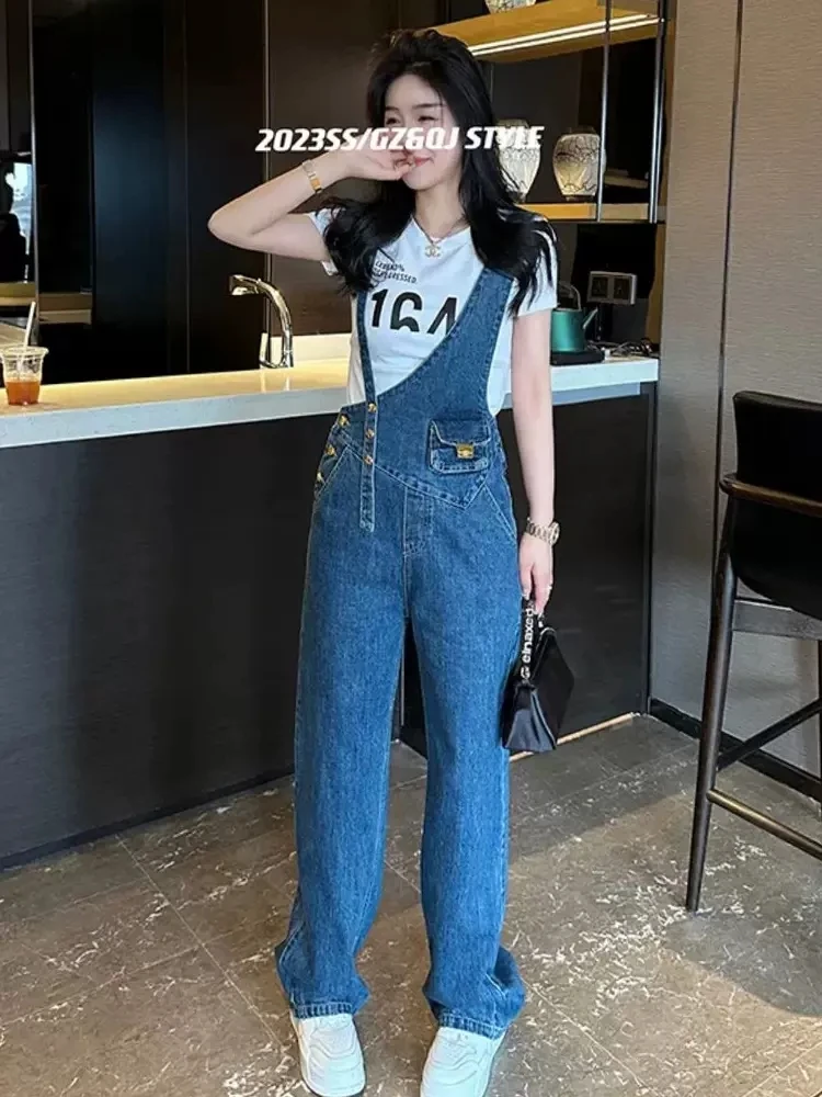 

Ретро-джинсовый комбинезон женский, весна-осень 2024, новый дизайн, приталенные прямые брюки с широкими штанинами и высокой талией