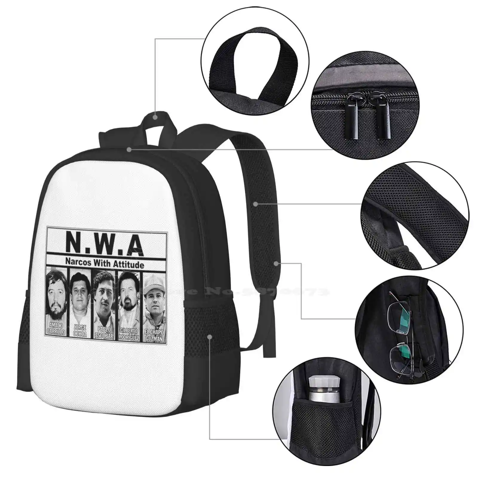 Nwa-With Attitude Pattern Design Bagpack School Bags Nwa Attitude Ice Cube Dj Yella El Chapo Amado Carrillo Senor Cielos Pablo