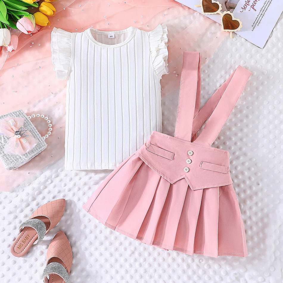 Eco Friendly Soft Comfortable Fabric Little Girls Straps Dress Solid Top Set Adorable Flutter Sleeves Children Sets for Playtime