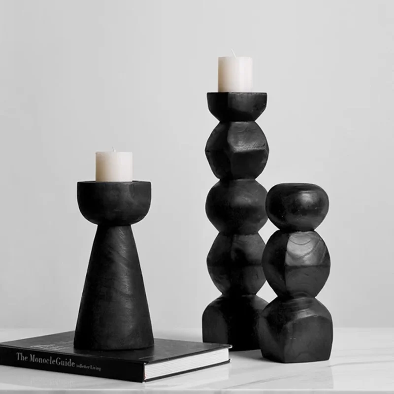 Creative Black Carbonized Wood Geometric Candlestick For Living Room Desktop Decoration Nordic Retro Handmade Small Crafts