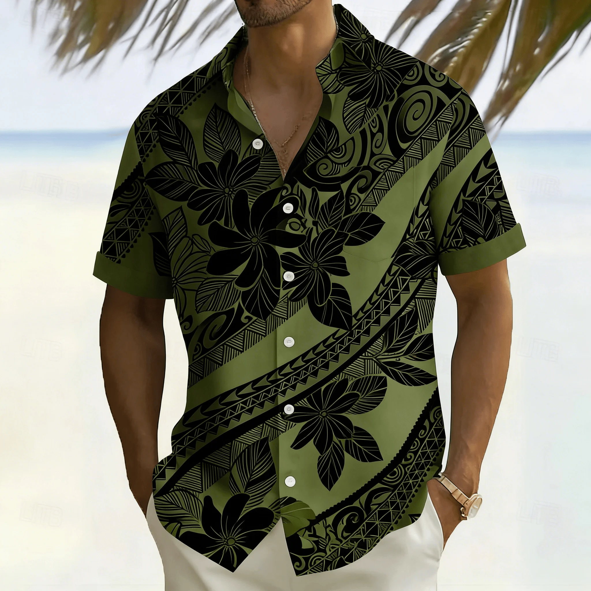 Men's Collision White Ethnic Style Floral Totem Shirt Retro Samoan Tribe Tropical Egg Flower Leaf Printed Wide Pine Flower Shirt