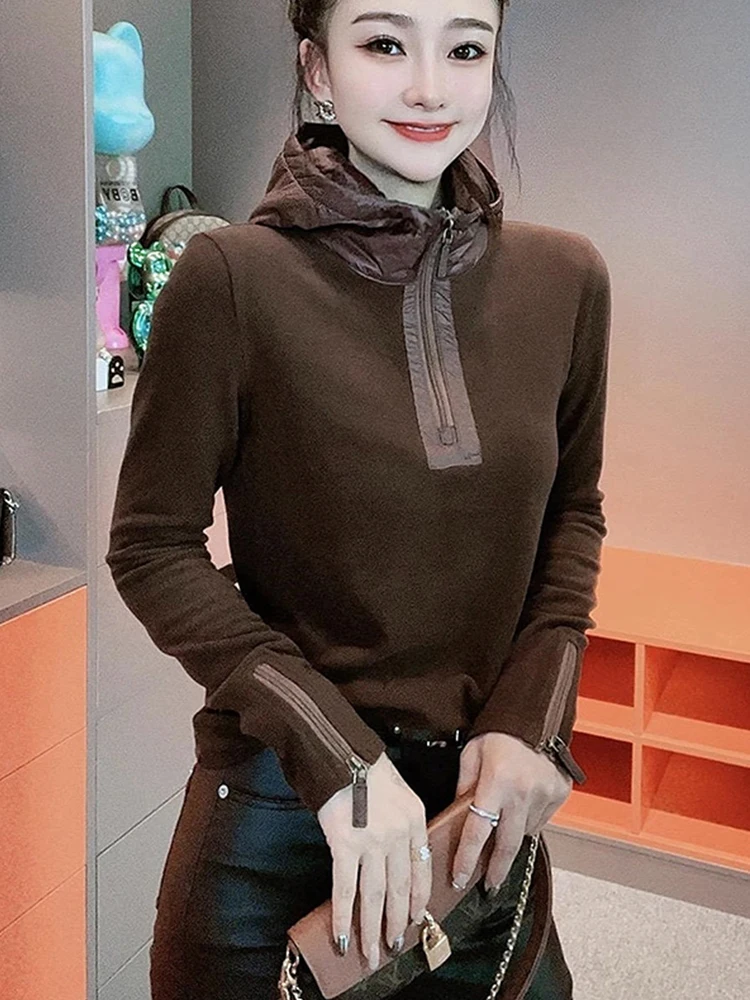 تصميم الإحساس f سستة مقنعين رداء علوي من الصوف الخريف عادية التخسيس قاعدة طبقة طويلة Sve العلوي المرأة Faion