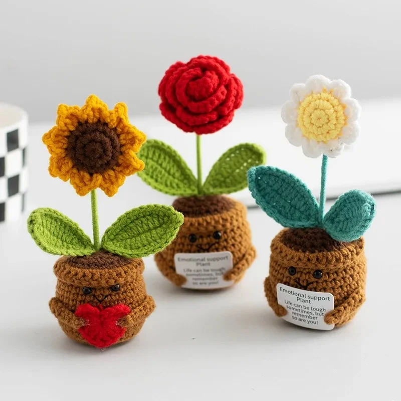 Cute Crochet Flowers Potted Hand-woven Rose Colorful Sunflower Positive Emotional Crochet Flower Potted for Home TableDecor Gift