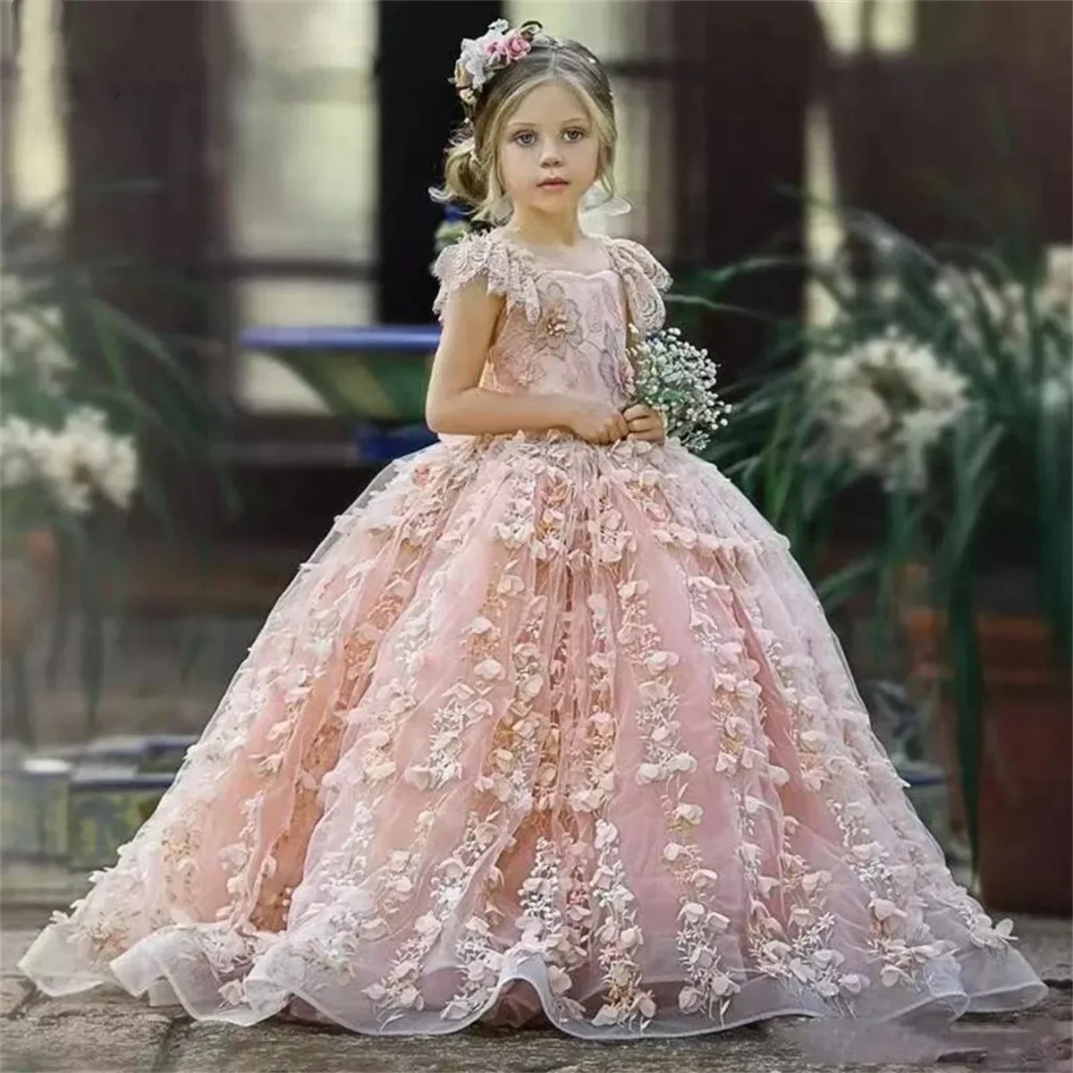 

Exquisite Pink Ball Gown Flower Girls Dress For Wedding 3d Floral Appliques Toddler Pageant Sleeveless First Communion Gown