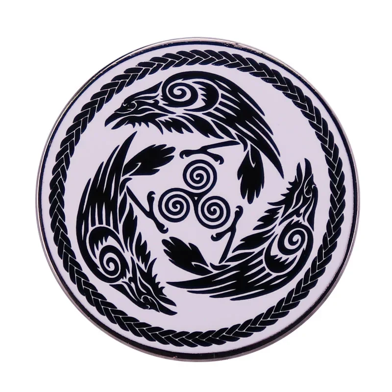 Morrigan Ravens enamel pin Common raven Norse-Celtic symbols Viking art button jewelry accessories