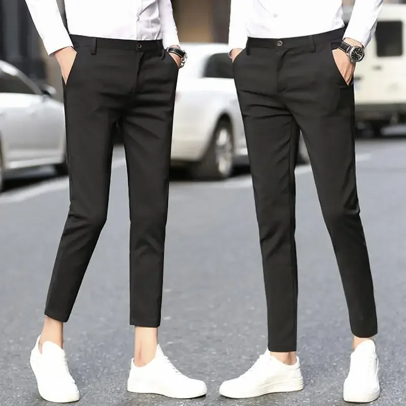 Stretch Slim Fit Social Tailoring Men\'s Summer PantsElastic 9 Cropped Business Tressed High Quality Slacks Male Suit Trousers