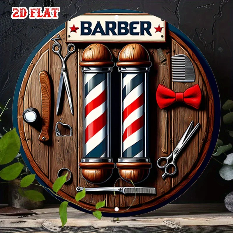 Ein 2D-Flachschild für Friseursalons – ein runder Holzschild – ein Rückgabe-Designstil für Häuser, Garagen, Restaurants und Cafés