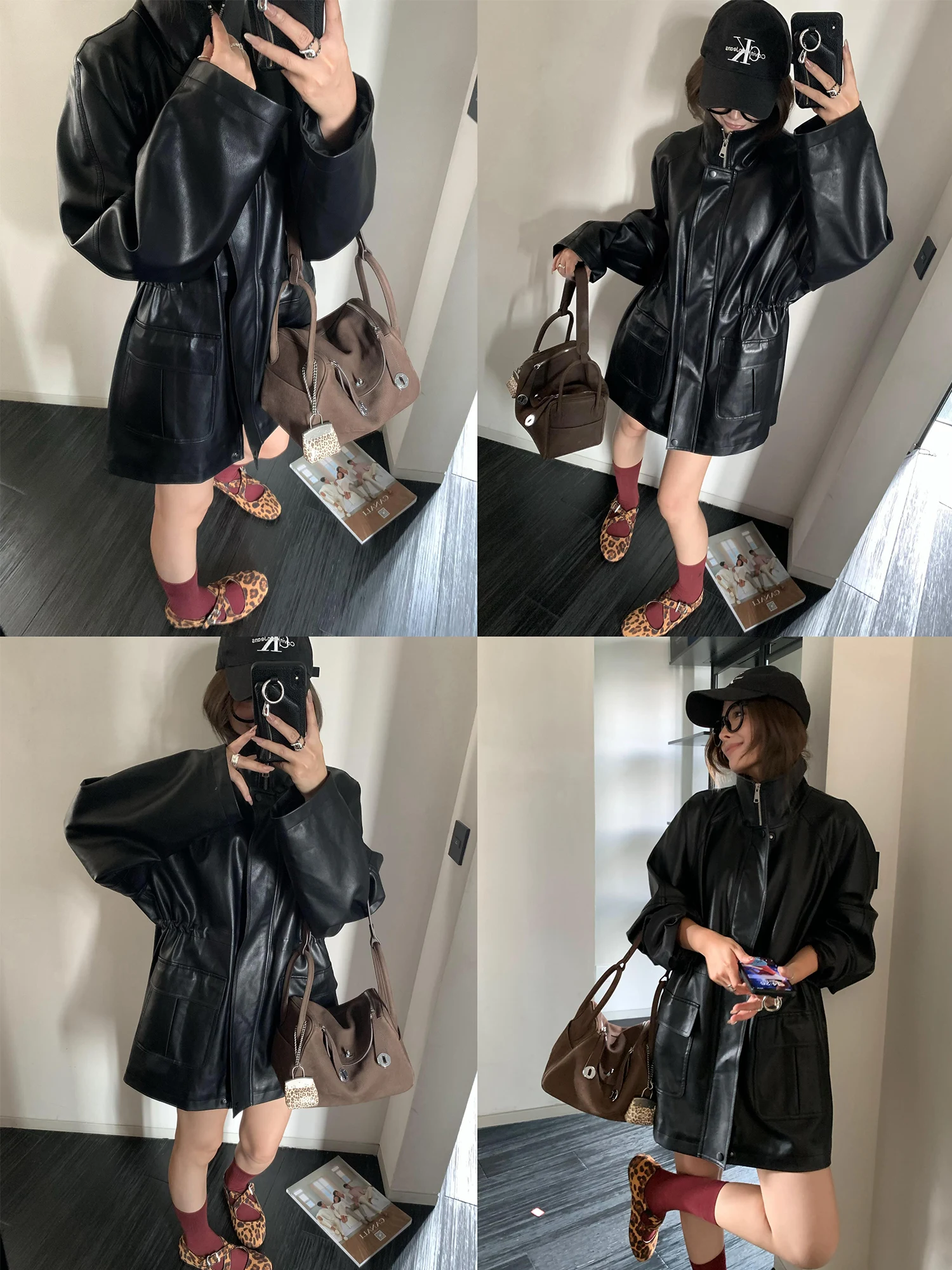 Jaqueta Feminina ChenMiFan de Couro PU Solta com Cinto, Estilo Motociclista, Casaco Americano Solto, Moda Outono Inverno, Agasalho