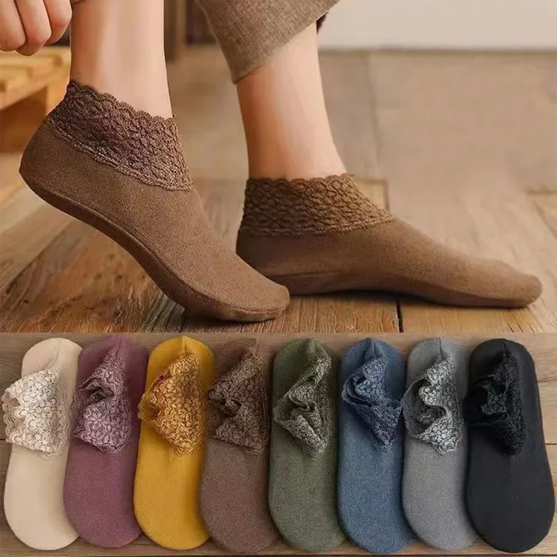 2023 New Lace Warmer Socks Women Fashion Ladies Girl Winter Non-Slip Cotton Warm Ankle Socks Soft Thin Breathable Casual