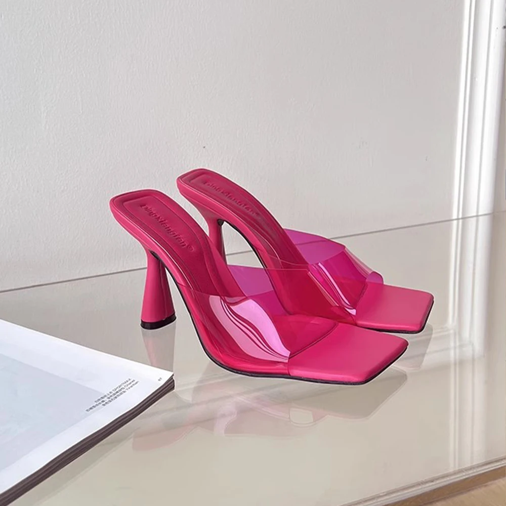 Women Sandals Dress Shoes Transparent Strap Sexy Stilettos Heels Square Open Toe One Band Slip-On High Heeled Slippers Pump Mule