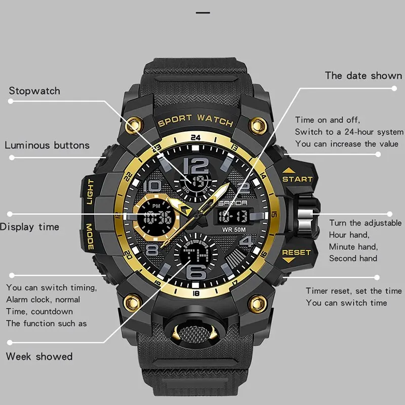 SANDA G Style Sports Military Men\'s Watches Waterproof Dual Display Quartz Wristwatch For Male Clock Stopwatch Relogios Masculin